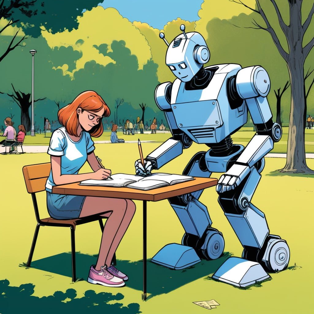 Friendly robot helping a woman in a park with writing