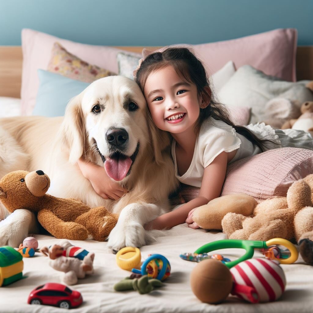 little girl in bed with a cute dog