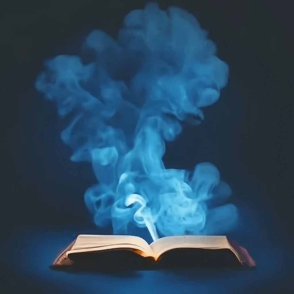 open_book__blue_smoke Book on table with blue smoke coming from it