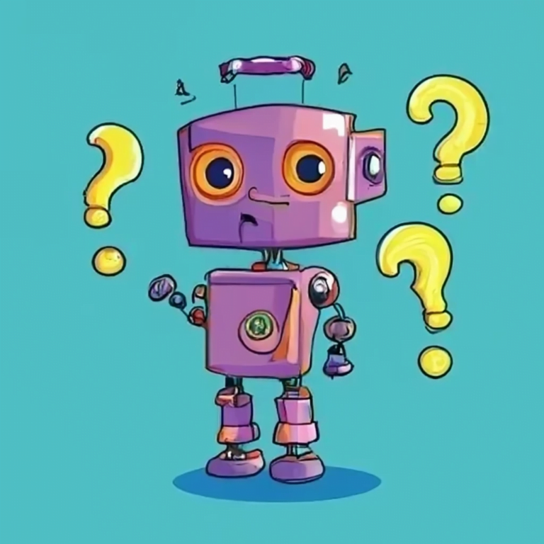 Purple robot cartoon with questions