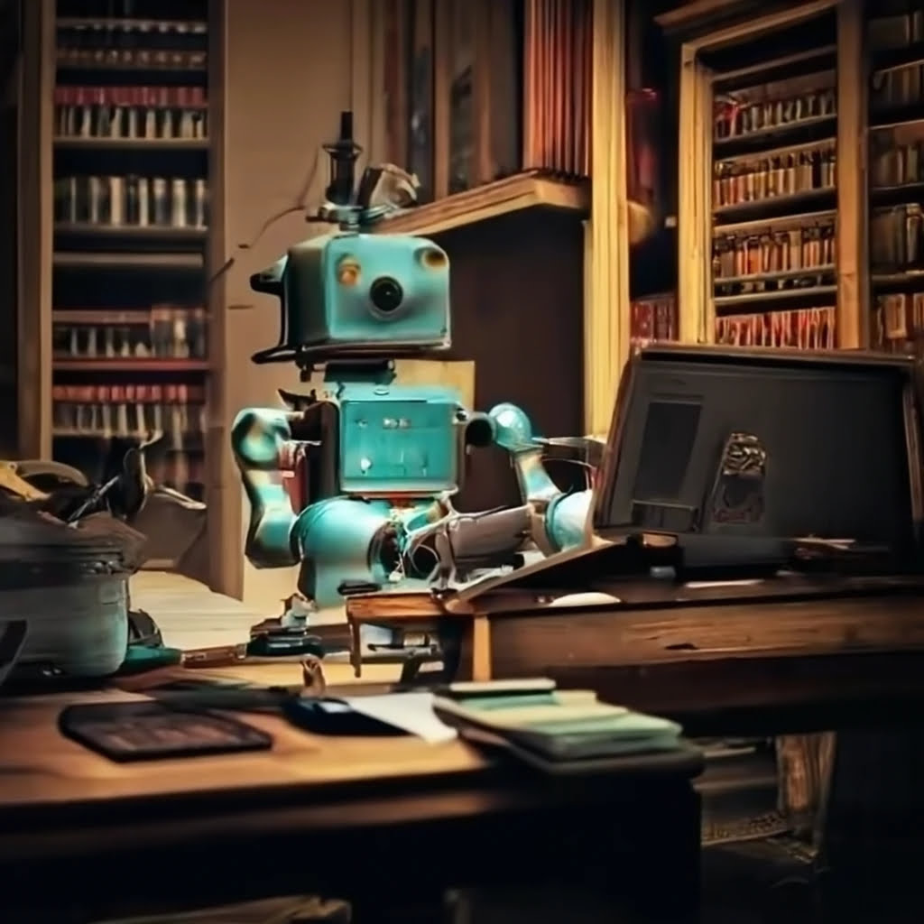 AI book writers robot sitting behind a desk in a study writing a book