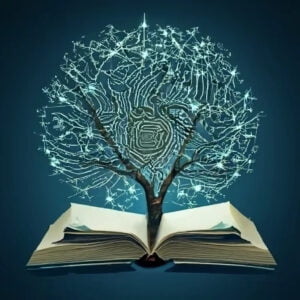 book and circut tree book with tree made of circuits coming out of it